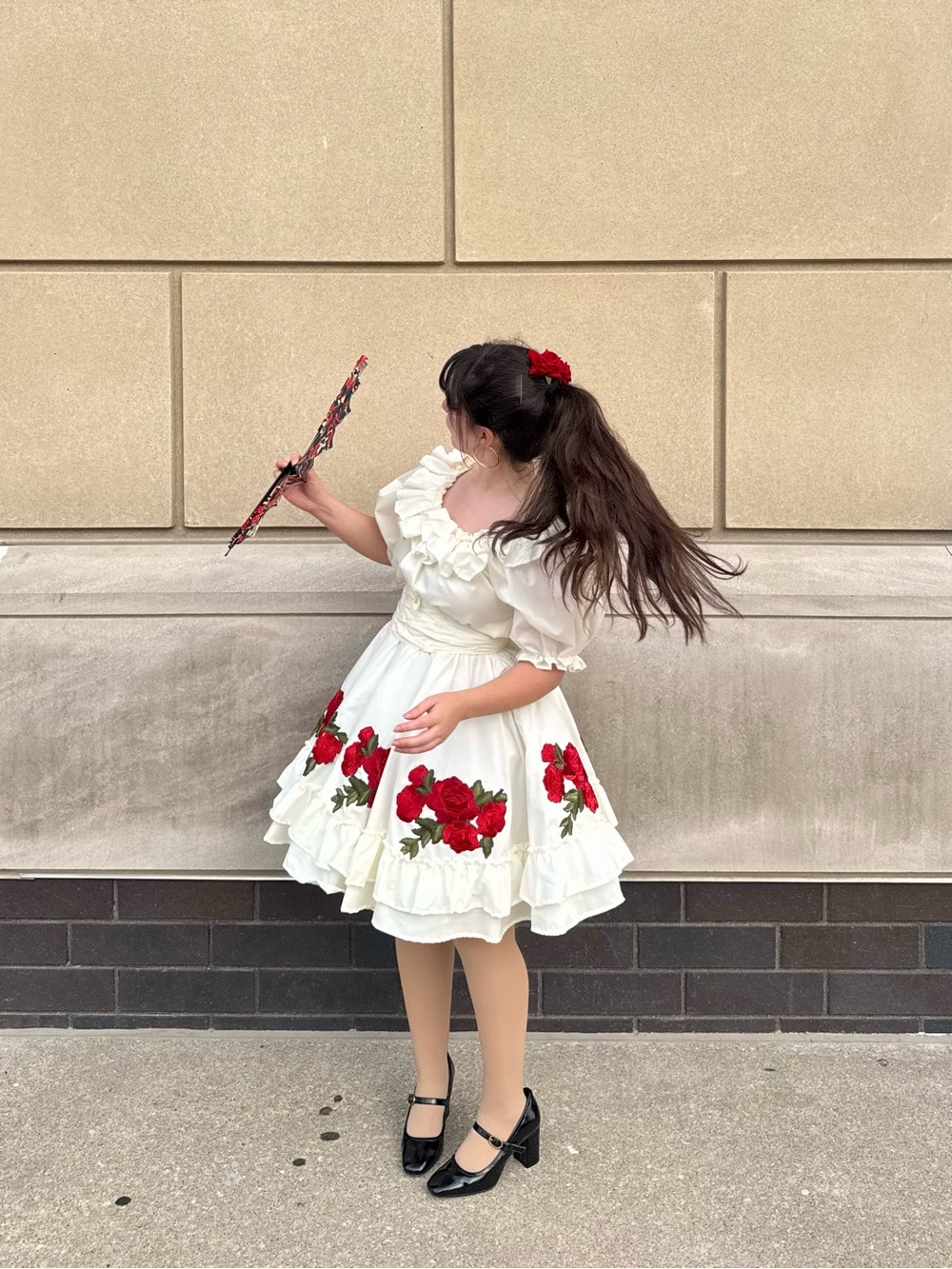 White Kids Floral Ruffle Dress Costume with Red Rose Accents